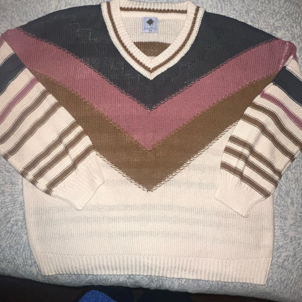 NWOT - Women's V-Neck Sweater - Cream, Pink, and Brown